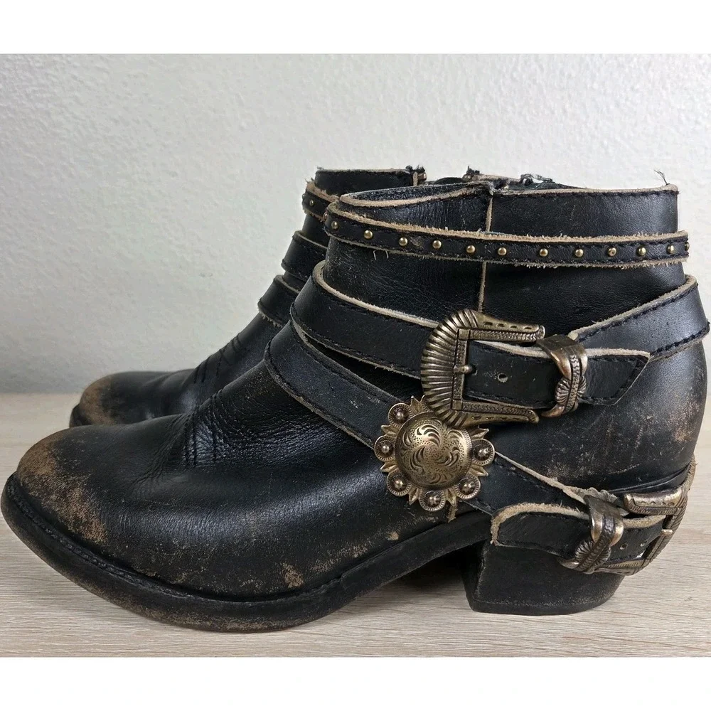 Corral Studded Harness Ankle Boots Women's Size 8‎ Black Distressed Leather...